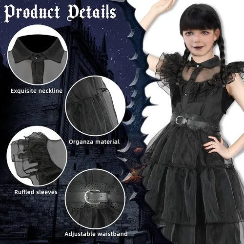 Vista 4 de Pigmiss Wednesday Addams - Vestido de disfraz para niñas con peluca Addams, cosa familiar, mano, Halloween, disfraz de cosplay para niños