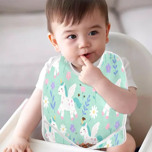 Vista 7 de Adjustable Muslin Baby Bibs with Snap 2 Pack Baby Spit Throw Up Cute Unicorns Light Green baberos para nino paquete