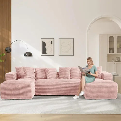 Vista 27 de Sofás seccionales en forma de U de gran tamaño de 131 pulgadas para sala de estar, cómodo sofá modular de pana esponjosa beige sin hueso, sofá