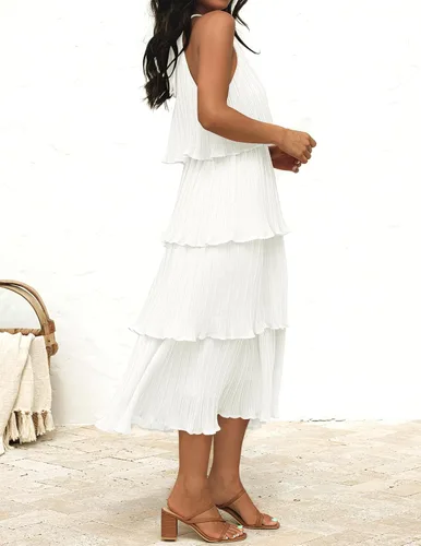 Vista 3 de ZESICA Vestido largo midi de gasa con capas escalonadas y cuello halter para mujer, 2024