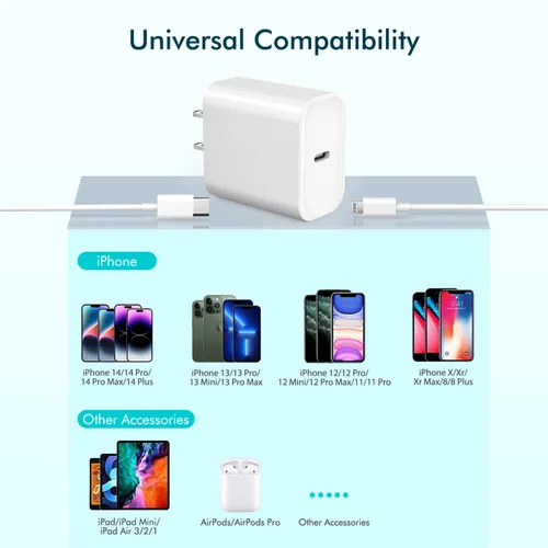 Vista 6 de Cargador rápido para iPhone, cable USB C a Lightning de carga rápida extra largo de 10 pies con bloque de cargador USB C para iPhone 20 W, enchufe