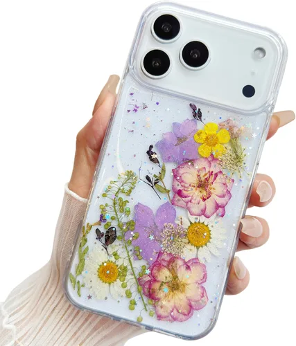 Vista 7 de Funda floral para iPhone 17 con flores reales prensadas, bonito diseño de flores secas prensadas transparentes con purpurina para mujer, suave TPU
