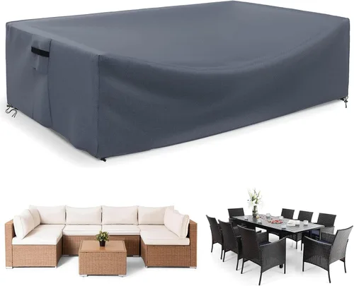 Vista 16 de Funda para mesa de patio, impermeable, rectangular, resistente 500D, protección para todo tipo de clima, para muebles de exterior, 90 pulgadas