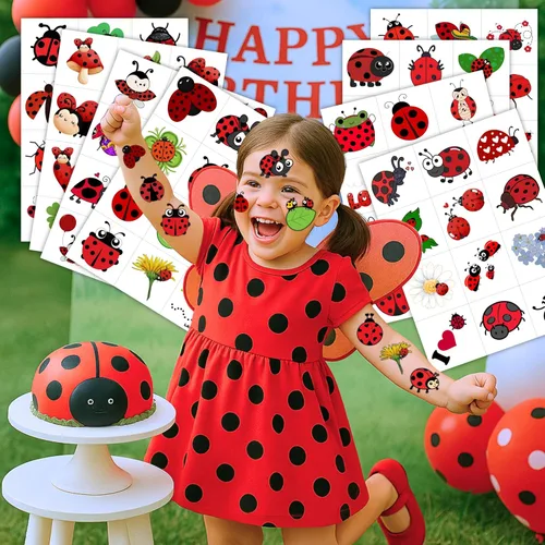 Vista 2 de 96 tatuajes temporales precortados de mariquita para niños, lindos tatuajes de insectos de Lady Beetle, recuerdos de fiesta, decoraciones