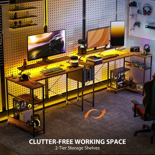 Vista 7 de HOMCOM Escritorio para juegos en forma de L de 58 pulgadas con tomas de corriente y luces LED, escritorio reversible para computadora con soporte