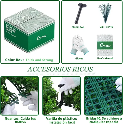Vista 3 de Grooy Pared de césped artificial de seto de 20 x 20 pulgadas, 6 paneles de boj, paneles de fondo de vegetación, pantalla de valla de privacidad