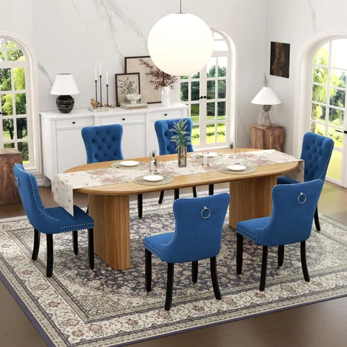 Vista 46 de Juego de mesa de comedor ovalada extensible con 4 sillas tapizadas de terciopelo de alta gama, mesa de cocina de 59 a 91 pulgadas y sillas