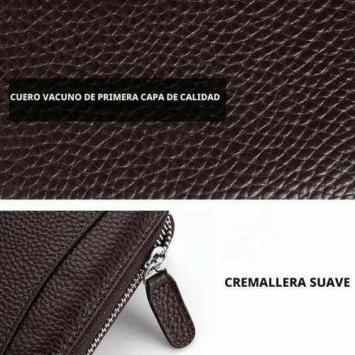 Vista 4 de Cartera de cuero genuino con bloqueo RFID, billetera con cremallera de lujo para mujeres con monedero, Color café, Classic