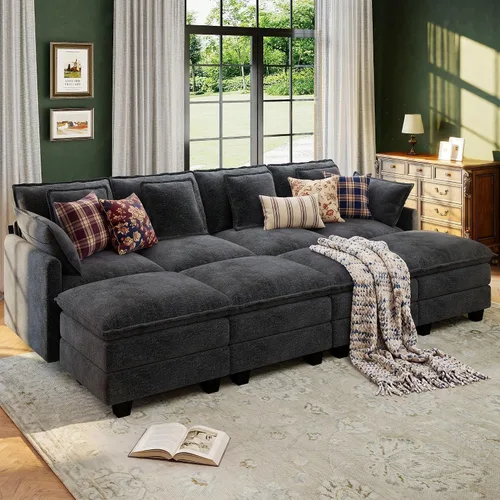 Vista 29 de Seccional Cloud Couch de 107", Sofá Seccional Modular en Forma de U, Sofá de Asiento Profundo de 4 Asientos con 6 Almohadas Extraíbles Lavables y 2