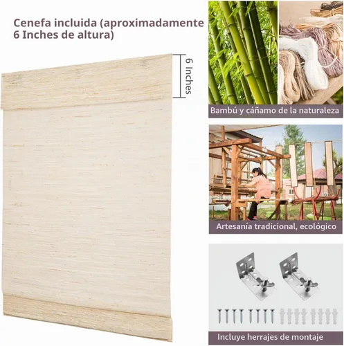 Vista 4 de Persianas Romanas de Bambú, Persianas de Madera Tejida Personalizadas sin Cordón, Persianas de Bambú Natural con Filtrado de Luz Natural