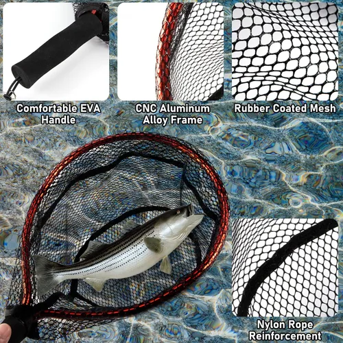Vista 3 de Alwonder Red de pesca con mosca con mango de EVA, redes de aterrizaje de pesca, marco de aleación de aluminio CNC, malla recubierta de goma, redes