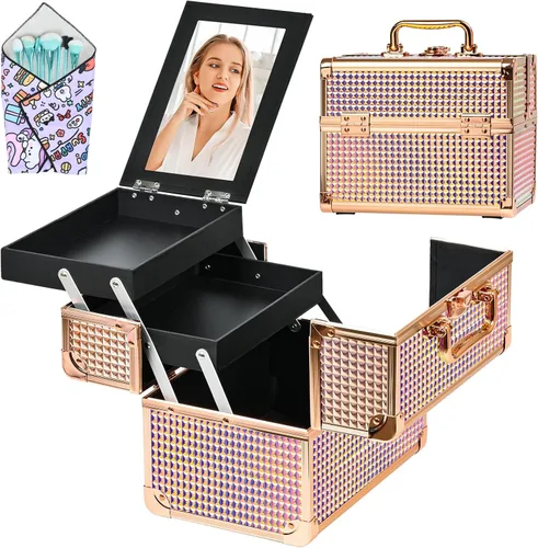 Vista 12 de Neceser de Tren de Maquillaje, Estuche de Maquillaje Portátil con Espejo, Organizador de Cosméticos de 2 Bandejas, Organizador de Esmalte de Uñas