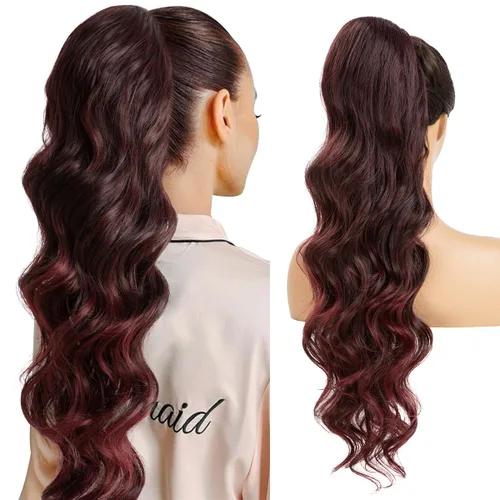 Vista 16 de Extensiones de cabello sintético ondulado con cordón para cola de caballo de 26 pulgadas, para mujer, castaño medio ceniza, rubio ceniza
