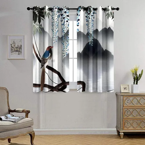 Vista 4 de Cortinas opacas para oscurecer la habitación con ojales, diseño de flores japonesas con ojales, arte retro de primavera y ramas florales, arte