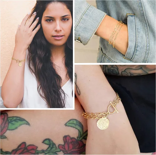 Vista 5 de PEARLADA 18k Gold Chain Layerd Bracelet Coin Charm Toggle Bracelet Trendy Cubic Zirconia Jewelry