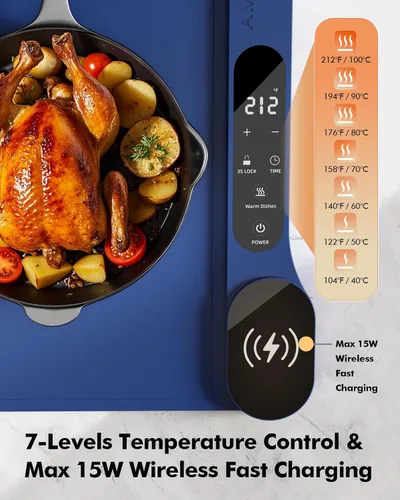 Vista 2 de Nuevo Tapete de Calentamiento de Alimentos con Cargador Inalámbrico, 34"x15" Extra Grande Enrollable Calentador de Alimentos, Tapete