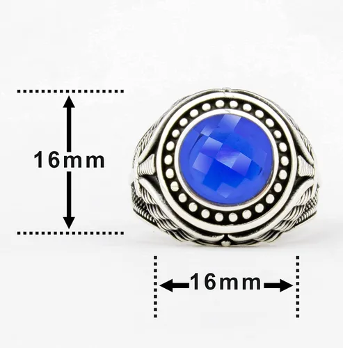 Vista 4 de Anillo de lujo de plata de ley 925 maciza con piedra de zafiro azul simulada para hombre