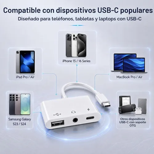 Vista 6 de Adaptador USB C 3 en 1 para iPhone 15 16, adaptador USB C a USB-A OTG con conector para auriculares de 0.1 in y puerto de carga rápida PD, divisor