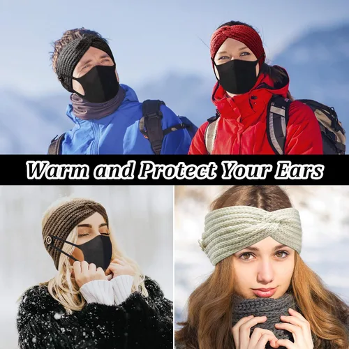Vista 4 de 8 diademas de punto de invierno para mujeres, diademas trenzadas de invierno, calentadores de orejas de ganchillo para mujeres y niñas, Negro