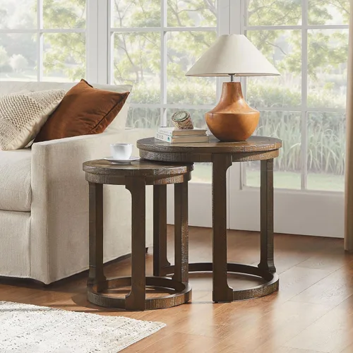 Vista 14 de WILLIAMSPACE Juego de 2 mesas de centro anidables negras de 18.9", mesas de centro redondas modernas negras, mesa auxiliar circular para espacios