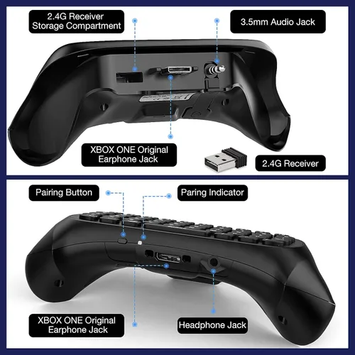 Vista 6 de Moko Teclado de chat con retroiluminación verde para control Xbox One Xbox Series XS receptor de 24G teclado inalámbrico con auricularesconector