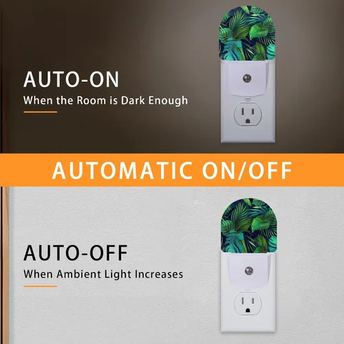 Vista 3 de Luz nocturna de palmera verde, luces nocturnas enchufables a la pared con sensor de atardecer a amanecer, lámpara para dormitorio, baño, pasillo