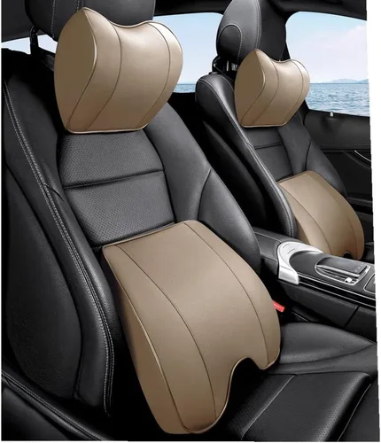 Vista 3 de Almohada lumbar de espuma viscoelástica y piel sintética – Almohada de apoyo de espalda media/baja del coche – Adecuado para asientos de coche Beige