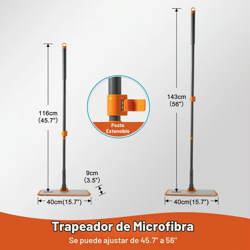 Vista 6 de CLEANHOME - Trapeador plano para madera dura y pelo de mascotas, 4 almohadillas lavables 4 Reusable Microfiber Pads for Wet/Dry Mopping. 180°