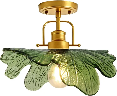 Vista 8 de Paquete de 2 lámparas de techo de cristal verde vintage, lámpara de techo semiempotrada, lámparas doradas para cerca del techo con pantalla