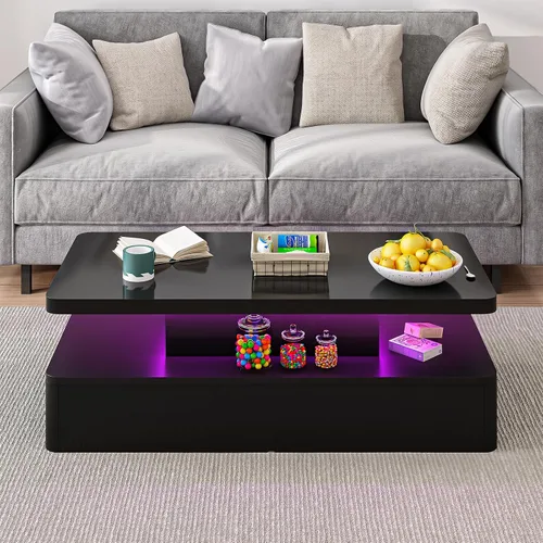 Vista 8 de Mesas modernas de sala de estar, mesa de centro LED con luces LED, mesa central rectangular de 2 niveles con gran almacenamiento, superficie de alto
