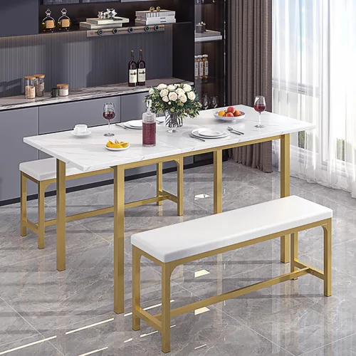 Vista 8 de VECELO Mesa de cocina extensible de 3 piezas de 63 pulgadas con bancos/sillas, moderno juego de desayuno/comedor para 4/6/2, diseño de ahorro