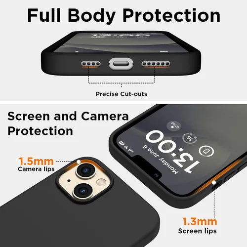 Vista 3 de Funda delgada para iPhone 13 de 6.1 pulgadas, silicona líquida a prueba de golpes, con forro de microfibra suave antiarañazos, 2 protectores