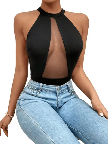 Vista 6 de SweatyRocks Body sin mangas para mujer, cuello redondo, corte alto, de malla, sin mangas