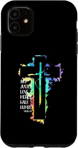 Vista 5 de Funda para iPhone 15 Tie Dye Cross Micah 6:8 Act Justly Bible Scripture Easter Case