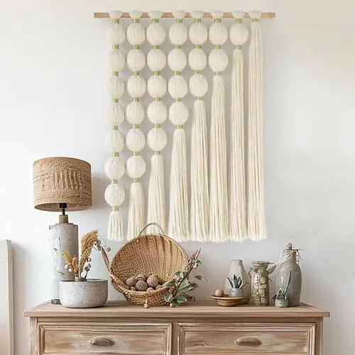 Vista 10 de Jakalin Macramé para colgar en la pared, arte de pared de fibra con borlas Negro