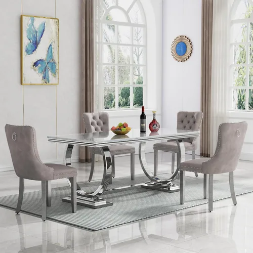 Vista 72 de HomVent Juego de mesa de comedor moderna de mármol sintético para 4 personas, mesa de cocina rectangular con 4 sillas beige (dorado)