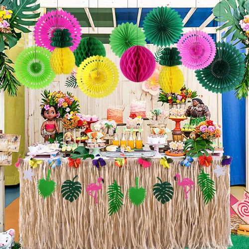 Vista 7 de Decoraciones de fiesta hawaiana, suministros de fiesta de cumpleaños tropical, flamenco y hojas de palma, pancartas de papel de seda, bola de panal