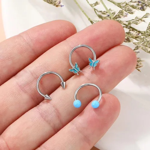 Vista 4 de Viallct 3 anillos de tabique de 16 G, herradura, nariz, cartílago, hélix, aretes de acero quirúrgico 316L, mariposa, nariz, aro de oreja, piercing