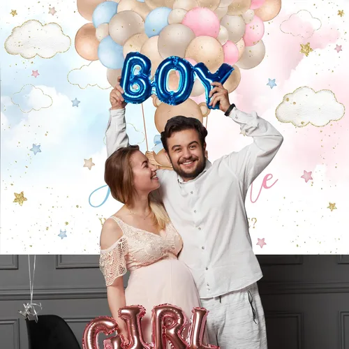 Vista 5 de Mocsicka Fondo de globo aerostático de oso rosa o azul, oso rosa o azul, para revelar el género, We Can Bearly Wait Gender Reveal Party Cake Table