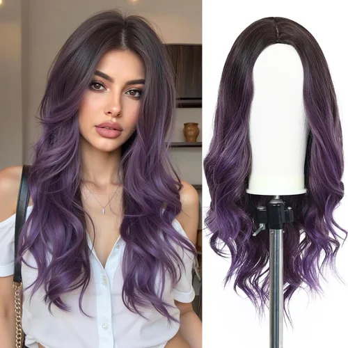 Vista 14 de Esmee Pelucas largas de color castaño rojizo ombré para mujer, peluca de cabello sintético ondulado y rizado natural para uso diario, fiestas