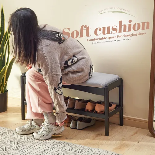Vista 4 de STDDRE Banco para Zapatos de Entrada de Bambú de 2 Niveles Estante para Zapatos con Asiento Acolchado con Cojín, Organizador de Banco para Zapatos