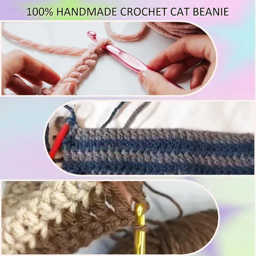 Vista 6 de Gorro de gato, gorro de oreja de gato, gorro holgado para mujer, gótico hecho a mano con ganchillo y 3 pinzas de pelo de estrella