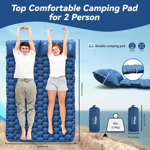Vista 3 de HiiPeak Estera de camping doble inflable con bomba de pie y almohada, colchón de aire ultraligero para 2 personas, cama de dormir portátil compacta