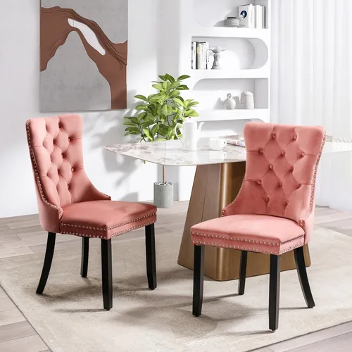 Vista 29 de SoarFlash Juego de 2 sillas de comedor de terciopelo, silla lateral de respaldo alto, silla lateral moderna tapizada de alta gama con botones Beige