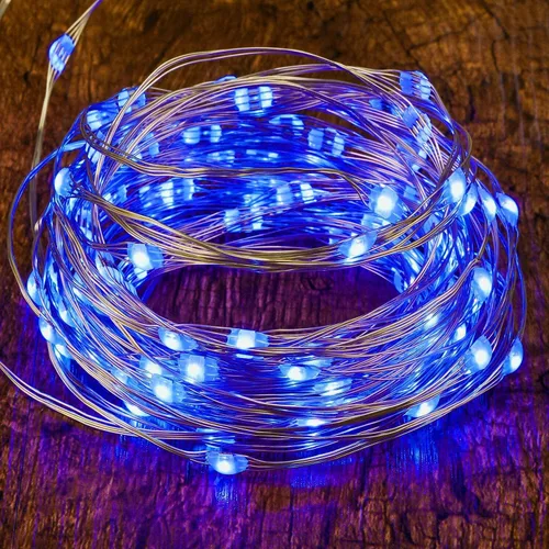 Vista 3 de Guirnalda de luces LED con energía solar actualizada, 8 modos, resistente al agua, IP65, iluminación intermitente, para interior y exterior, Azul