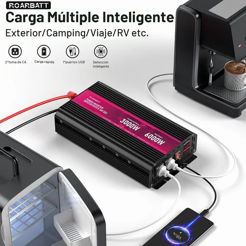 Vista 2 de Inversor de corriente de 3000 W, de 12 V de CC a 110 V/120 V de CA, potencia máxima de pico de 6000 W, con 2 tomas de CA y 2 puertos USB 2.4 Rosa
