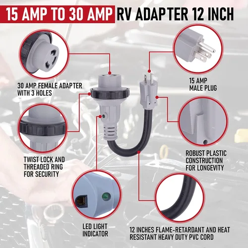 Vista 4 de AA Ignition Adaptador RV de 15 amperios a 30 amperios de 12 pulgadas, macho 5-15P a hembra L5-30R, enchufe convertidor eléctrico Dogbone de 125