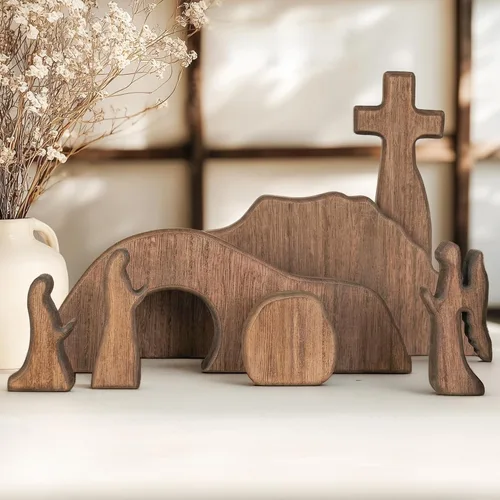 Vista 10 de NEROSUN - Juego de escenas de la Natividad, 13 figuras de madera en miniatura de la Sagrada Familia y el pesebre, figuras minimalistas, bohemias