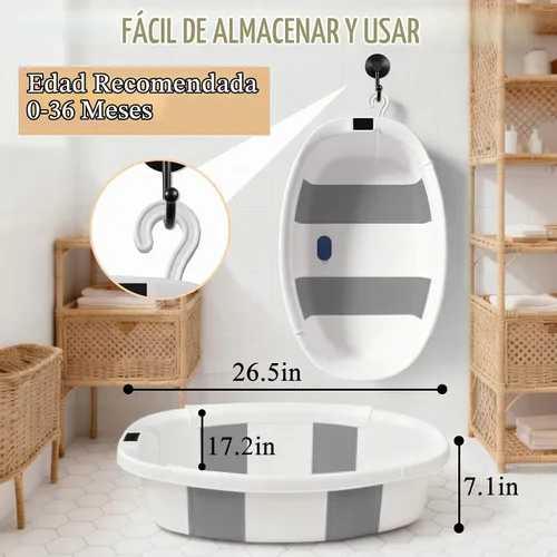 Vista 6 de Bañera para bebé EverKiddo, tina de baño para bebé con termómetro y cojín suave, bañera plegable para bebés de recién nacidos a niños pequeños de 0