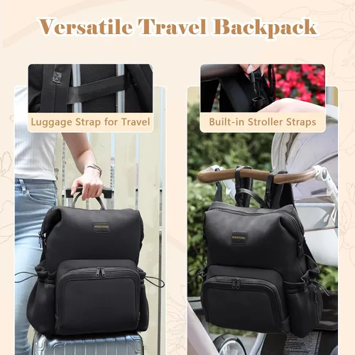 Vista 5 de miss fong Mochila para pañales – Bolsa de pañales para bebé, bolsa de neopreno, mochila de neopreno de gran capacidad con cambiador de pañales